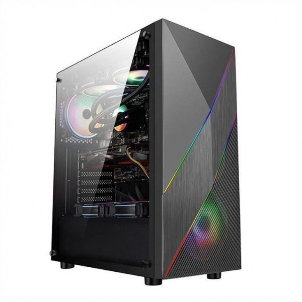ETEK - PC Mid Tower Case Unregelmäßiges und Mesh Front Panel mit ARGB LED Streifen,Tempered Glass Side Panel, Top I/O Panel