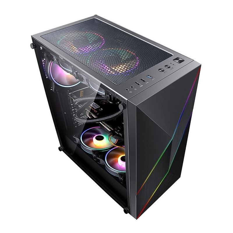 ETEK - PC Mid Tower Case Unregelmäßiges und Mesh Front Panel mit ARGB LED Streifen,Tempered Glass Side Panel, Top I/O Panel