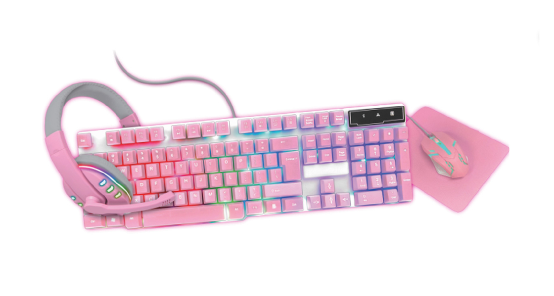 Kompakte, leichte, rosa Gaming-Tastatur mit statischem Regenbogen-Hintergrundlicht und passenden rosa Kopfhörer Maus und Maus Pa.