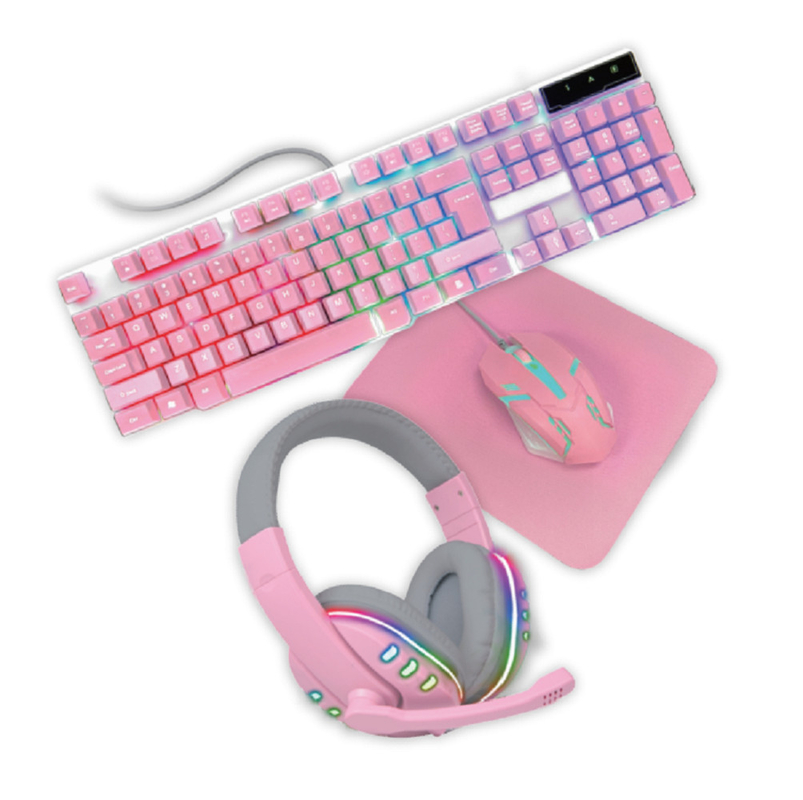 Kompakte, leichte, rosa Gaming-Tastatur mit statischem Regenbogen-Hintergrundlicht und passenden rosa Kopfhörer Maus und Maus Pa.