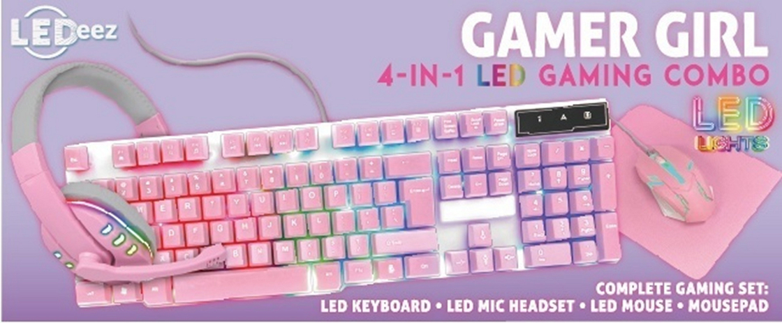 Kompakte, leichte, rosa Gaming-Tastatur mit statischem Regenbogen-Hintergrundlicht und passenden rosa Kopfhörer Maus und Maus Pa.