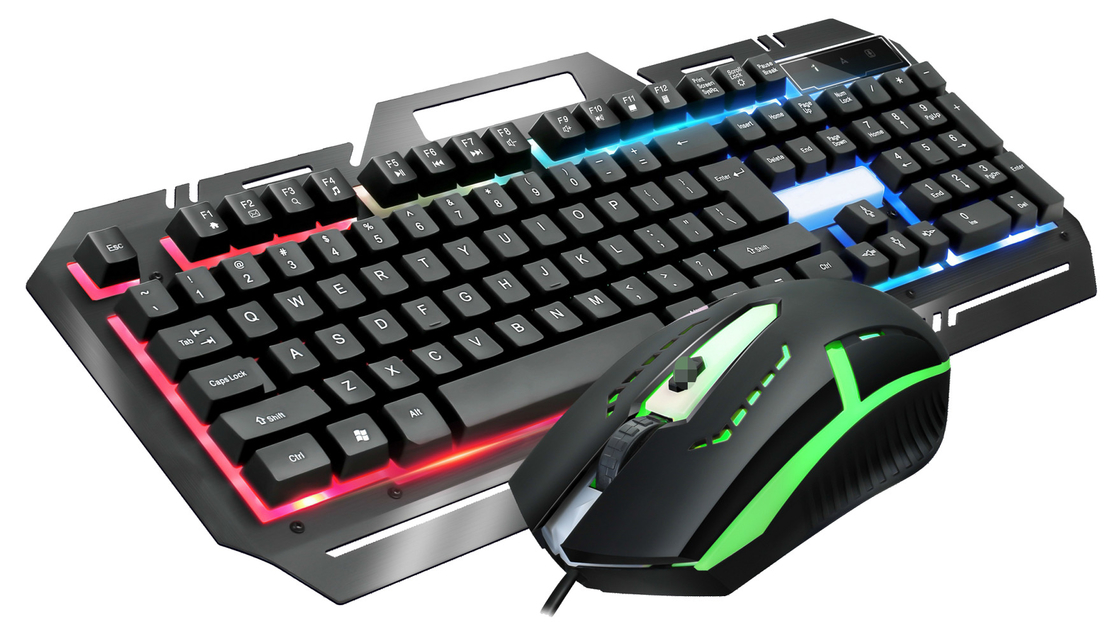 Metall-Gaming-Tastatur mit 104 Tasten FN+F1-F12 Funktionen LED-Hintergrundbeleuchtung Gaming-Maus mit verstellbarer DPI (500-1500) RGB-Beleuchtung