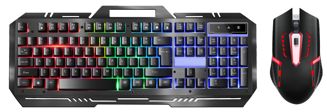 Metall-Gaming-Tastatur mit 104 Tasten FN+F1-F12 Funktionen LED-Hintergrundbeleuchtung Gaming-Maus mit verstellbarer DPI (500-1500) RGB-Beleuchtung