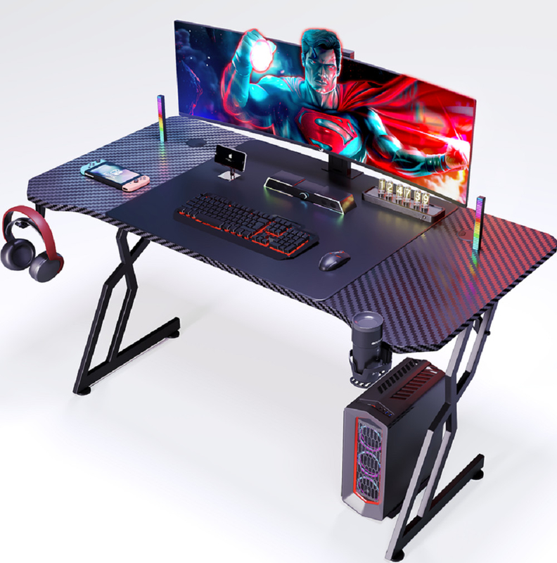 Ergonomisch gestalteter Computer-Schreibtisch aus Kohlenstofffaser mit 1,2 cm Partikelbrett und Kohlenstofffaser-Abdeckung mit Becher- und Kopfhörerhaltern