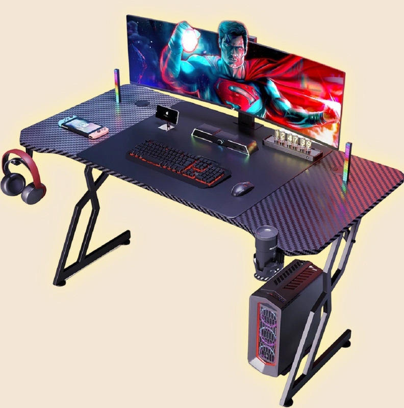 Ergonomisch gestalteter Computer-Schreibtisch aus Kohlenstofffaser mit 1,2 cm Partikelbrett und Kohlenstofffaser-Abdeckung mit Becher- und Kopfhörerhaltern