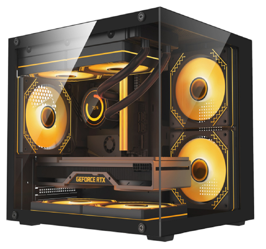 Kompaktes Design beinhaltet 1 Festplatte und 2 SSD-Gänge 0,35mm SPCC Stahl 3 x 12cm Ventilatoren und Glasplatten links und vorne