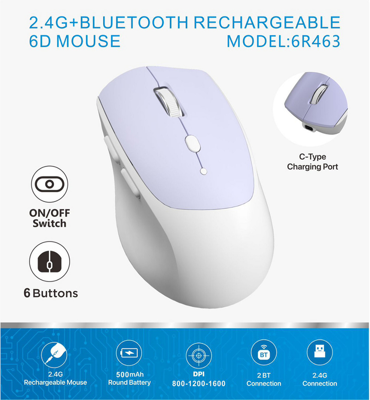 6D, 2.4G Verbindung, 800-1600 DPI, 500mAh runder Akku, Typ-C Schnittstelle.