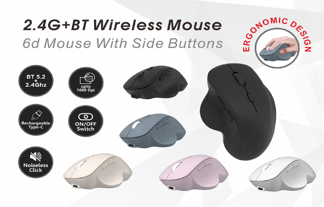 6D-Maus mit Seitenknöpfen,2.4G, Bluetooth 5.2Ergonomisches Design, bis zu 1600 DPI, geräuschloser Klick, für Büroangestellte, Designer, Gamer