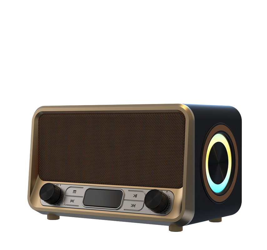 Multifunktionales drahtloses Lautsprecher Holz und Metall Bluetooth 5.0 USB TF AUX TWS FM Radio RGB LED Lichter LED-Display