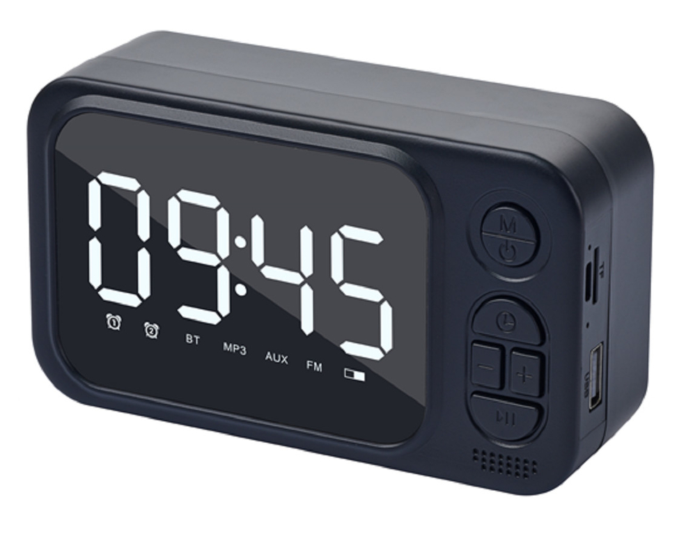 52mm Lautsprecher, 3W RMS-Ausgang, unterstützt Bluetooth, AUX, TF-Karte, USB, FM-Radio und Uhr. Kompakt und leichtgewichtig (139*78*46mm).