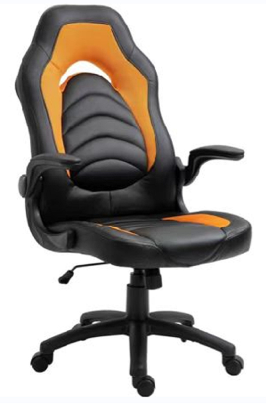 Ergonomische Bürostühle, 320 mm Nylon-Basis mit Rollen, 100 mm pneumatische Hebestange, umkehrbare PU-Kissen-Armlehne, schwarz und orange
