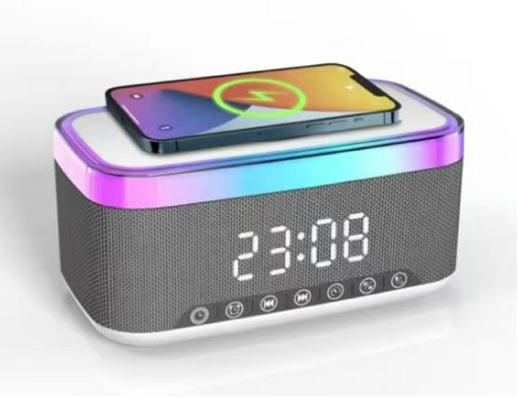Bluetooth-Lautsprecher unterstützt 15W Schnellladung Dual 52mm Lautsprecher mit 10W Ausgang 1200mAh Lithiumbatterie Smart Clock