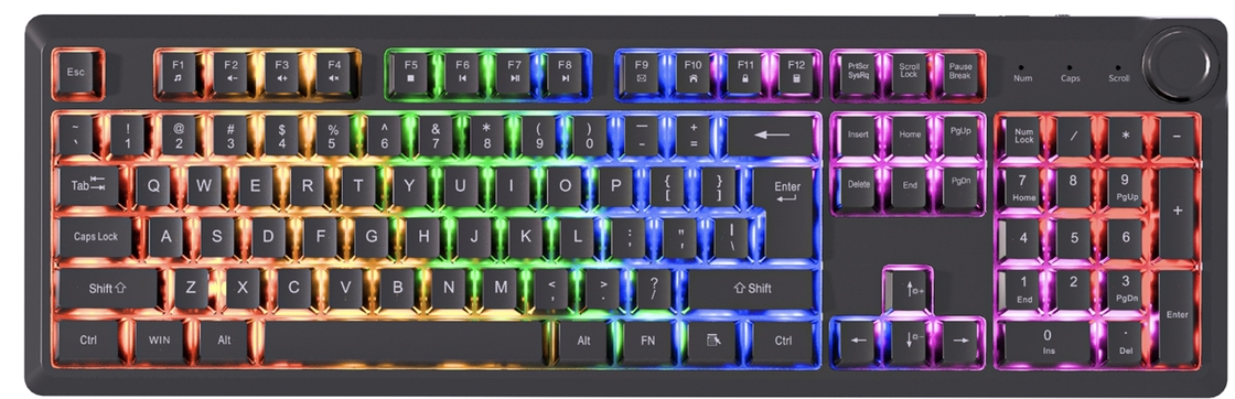 104-Taste Draht-Tastatur Multimedia FN-Tasten Regenbogen Licht ABS + schwarze Tastenkappen + Silber Membran 510g Leichtgewicht Körper