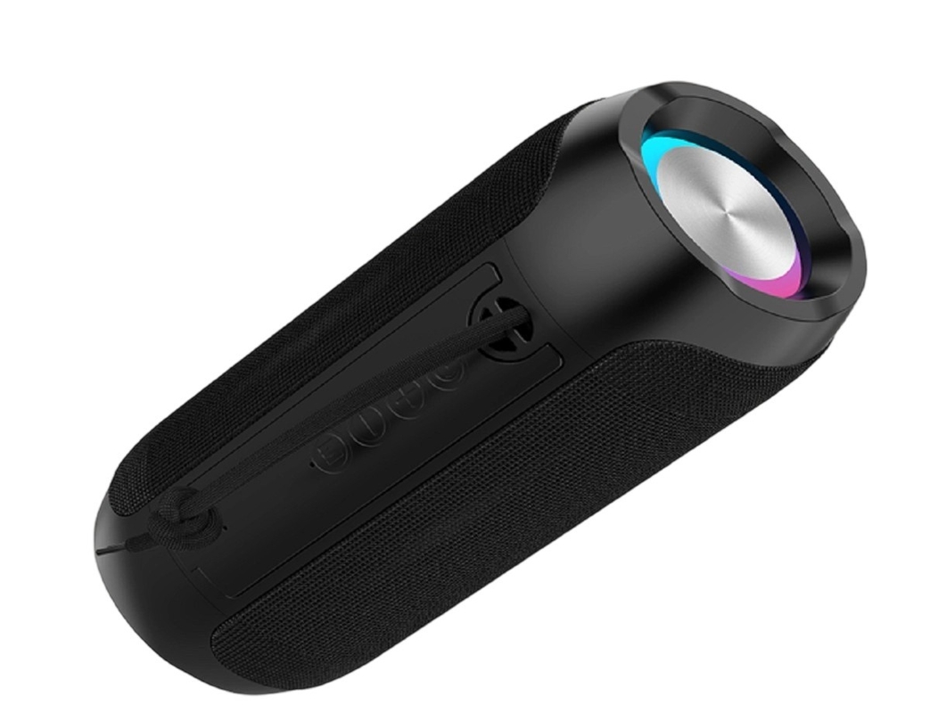 Vierfarbiger Schwarz-Grau-Rot-Blau-Lautsprecher mit ABS + Silikon, dualen 45-MM-5-W-Treibern, IPX4-Wasserdichtigkeit, 1200-mAh-Akku und RGB-Beleuchtung