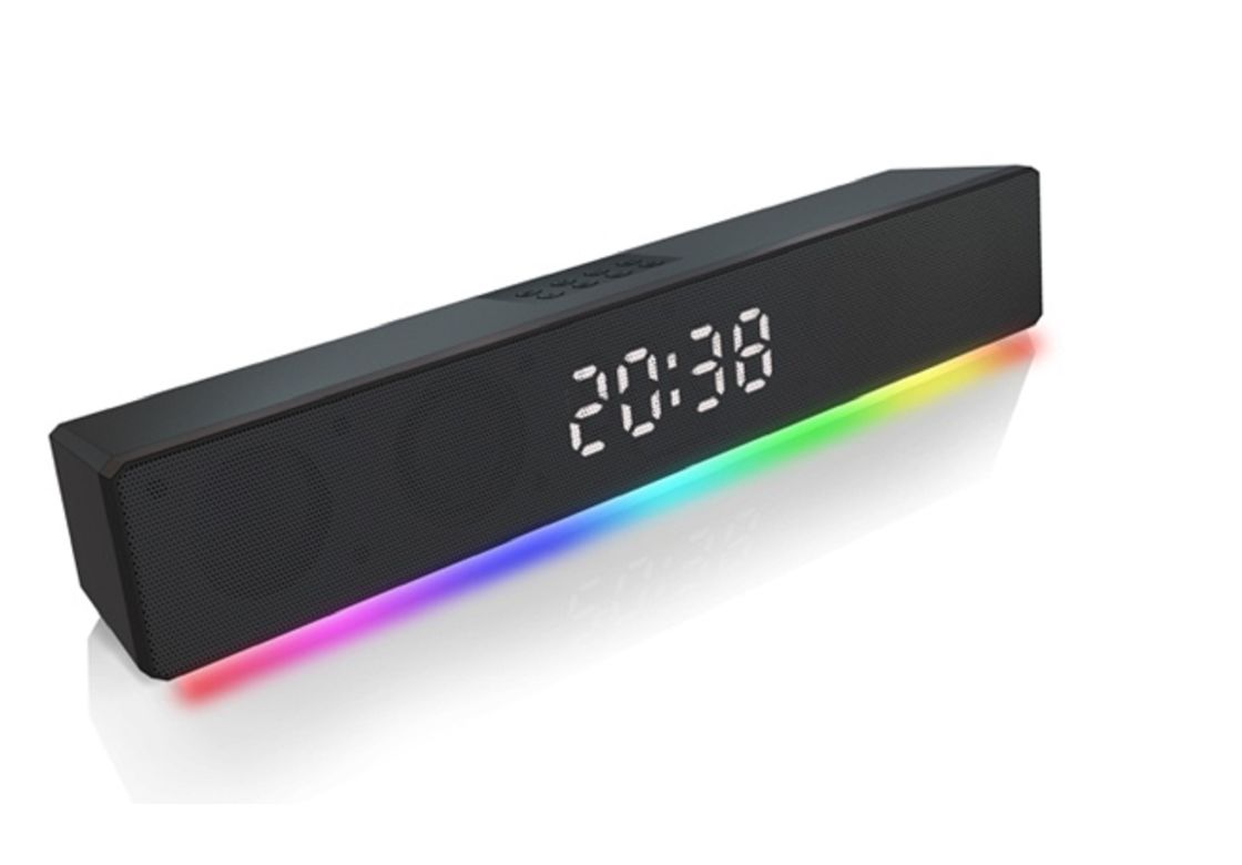 Dual 2-Zoll-Treiber-Soundbar mit 10 W RMS Gesamtleistung RGB-Uhr 5 Eingangsmodi BT/FM/USB/TF/AUX ABS + Eisenmaschekonstruktion