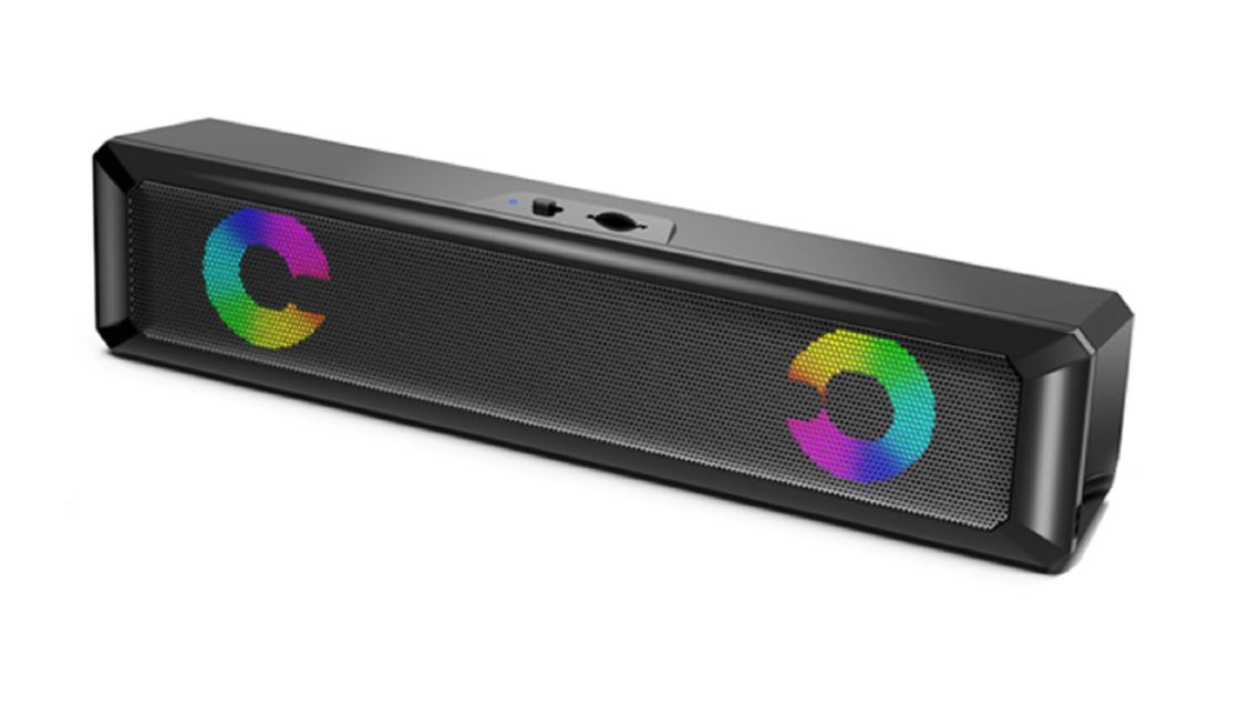 ETEK Soundbar verfügt über zwei 2-Zoll-Treiber, die 3W*2 RMS-Ausgang liefern, einschließlich Lichtüberblendeffekt und unabhängigem Schalter