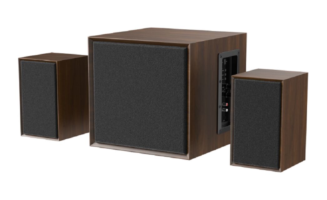 60W Wooden Bluetooth Stereo Speaker,JL5.4 Chip, Woofer+Dual Tweeters, AUX/Bluetooth/TF, Remote+Knob Control, Black/Brown