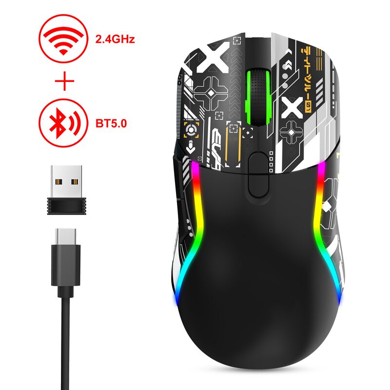 Doppelmodische drahtlose RGB-Gaming-Maus,2.4G + Bluetooth, 3200 DPI, 8 Tasten, 600mAh Akku, Typ-C wiederaufladbar, ABS, Laserdruck