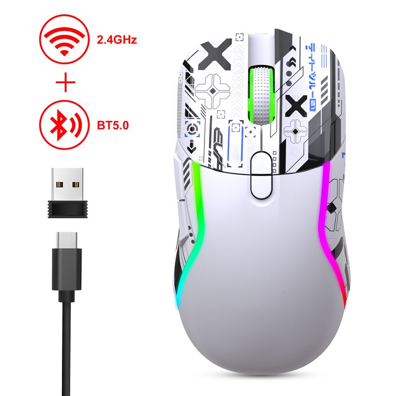 Doppelmodische drahtlose RGB-Gaming-Maus,2.4G + Bluetooth, 3200 DPI, 8 Tasten, 600mAh Akku, Typ-C wiederaufladbar, ABS, Laserdruck