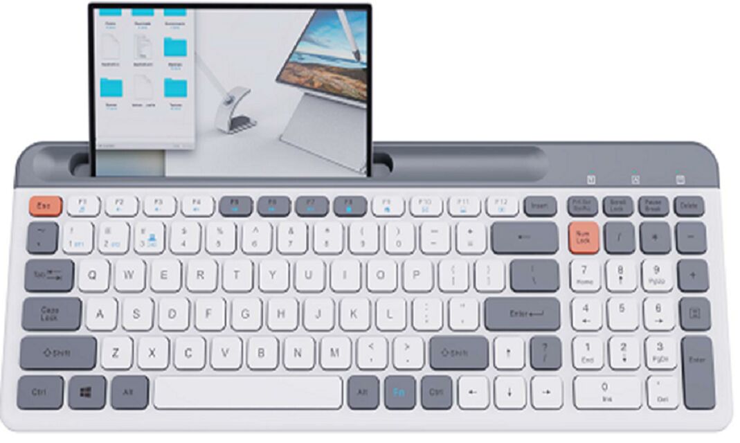 Dreimodus-Wireless-Büro-Tastatur, ABS-Full-Housing, Silber-Paste-Membran, 2.4G+Bluetooth+USB, 381*145*25.5mm, 370g