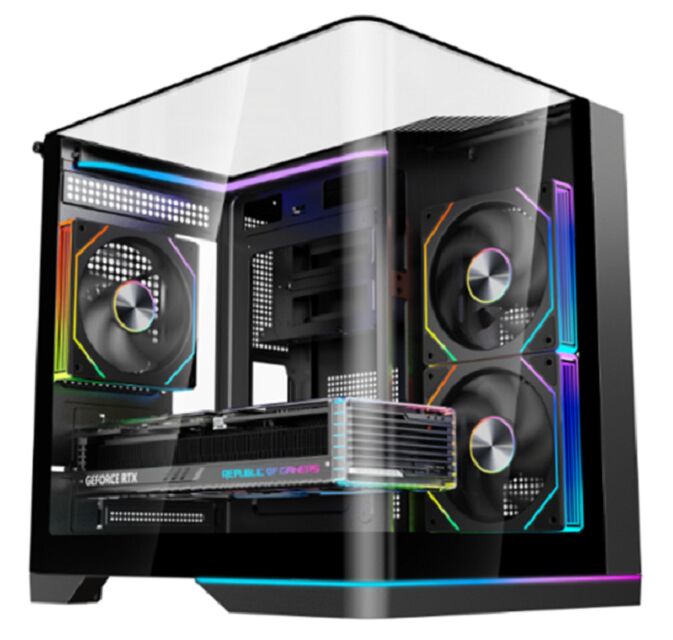 4-RAPTOR Mid-Tower Gaming PC Case,Dual Curved Tempered Glass, SPCC 0,5mm, unterstützt 330mm VGA / 240mm AIO, USB 3.0+Audio