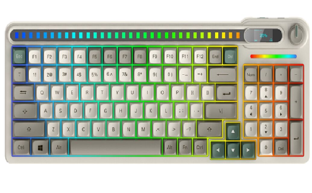 Mechanische Tastatur mit Drei-Ton-Gaskett, Drei-Modus (BT/2.4G/USB), Hot-Swappable, RGB mit sprachgesteuerter Beleuchtung, OLED-Display
