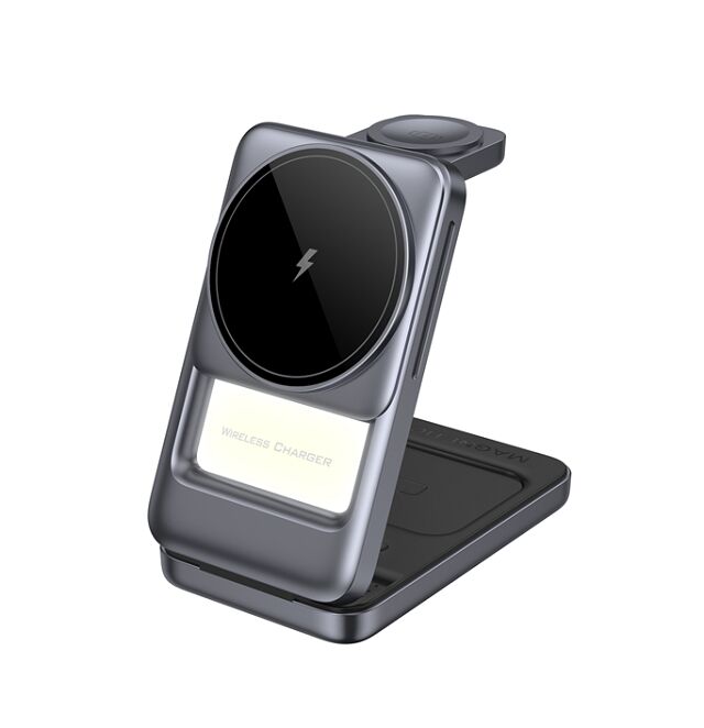 Faltbarer 3-in-1-Wireless-Charger, Blau/Grau, Silber/Grau, Kunststoff+Metall, 15W Telefon, 2,5W Uhr, 5W Ohrhörer, Nachtlicht