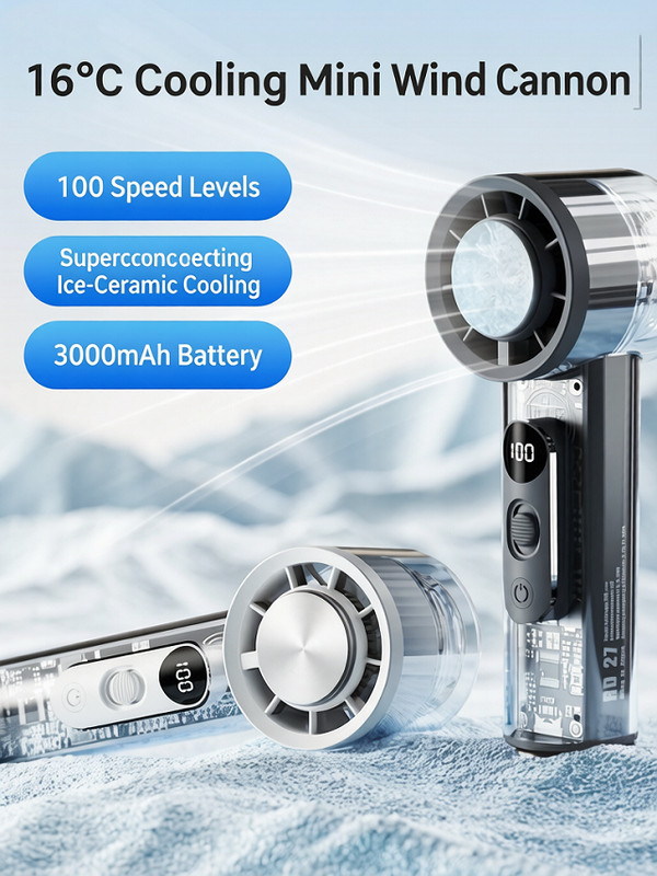 Portable Halbleiterkühlung Handventilator, 100-Level-Anpassung, Digitale Anzeige, 3000mAh Typ-C mit Basis & Haken