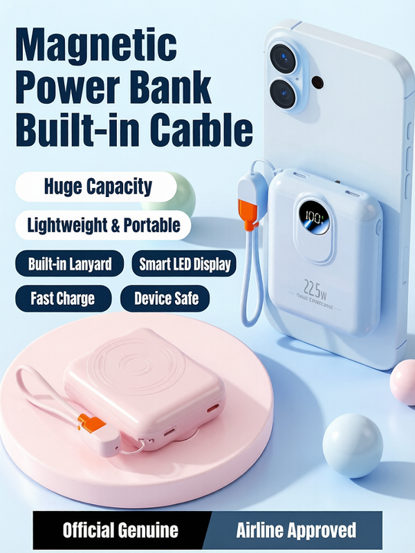 Magnetisches kabelloses Powerbank 10000mAh, Typ-C/Lightning 20W Eingang, 22,5W+15W Ausgang, mit Kabeln