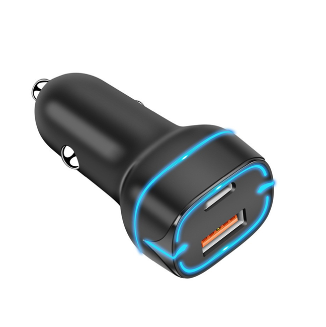 38W Dual-Port-Auto-Ladegerät, PD20W+QC18W Wirkliche Ausgabe, 12-24V Weite Eingabe, Blaue LED