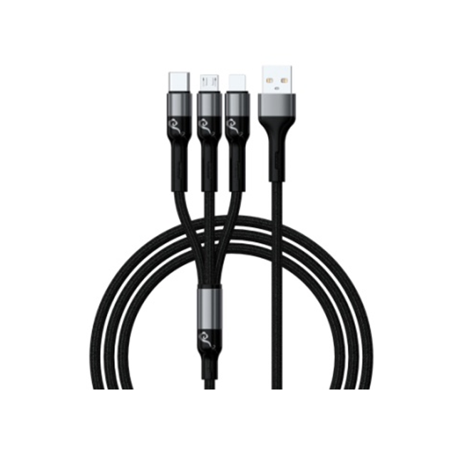 1,2M 3-in-1 geflochtenes Schnellladekabel, 2-Kern Lightning/Micro, TPE+Aluminium, Schwarz/Rot/Grün