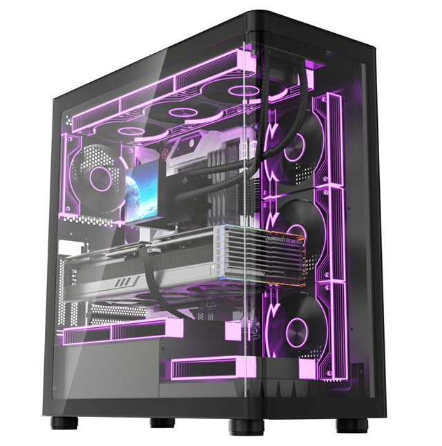 ATX Gaming-Gehäuse mit gebogener Glasfront, Unterstützung für 360-mm-AIO oben + 410-mm-GPU, USB 3.0 Front-I/O, werkzeugloser Seitenpanel-Tower-Chassis