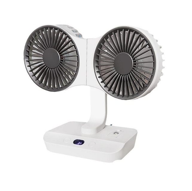 4-in-1 wiederaufladbarer Ventilator mit Lampe, Tisch-/Wand-/Hängegerät, 360-Grad-Drehung & 2400mAh Akku