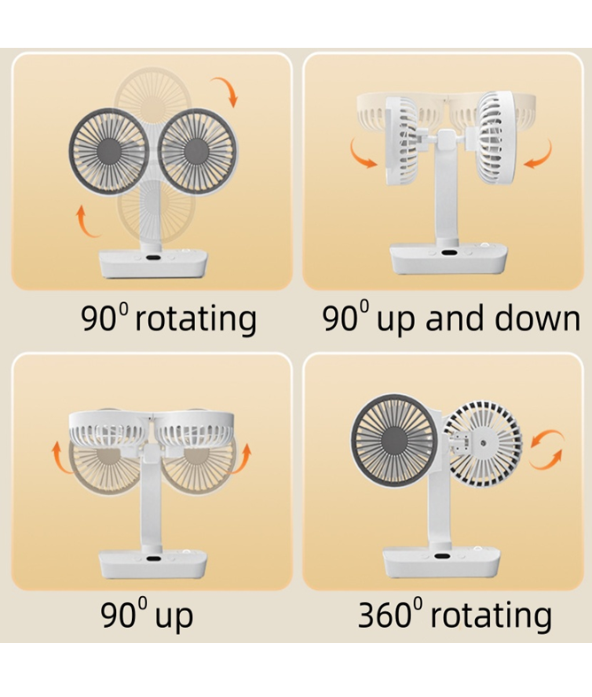 4-in-1 wiederaufladbarer Ventilator mit Lampe, Tisch-/Wand-/Hängegerät, 360-Grad-Drehung & 2400mAh Akku
