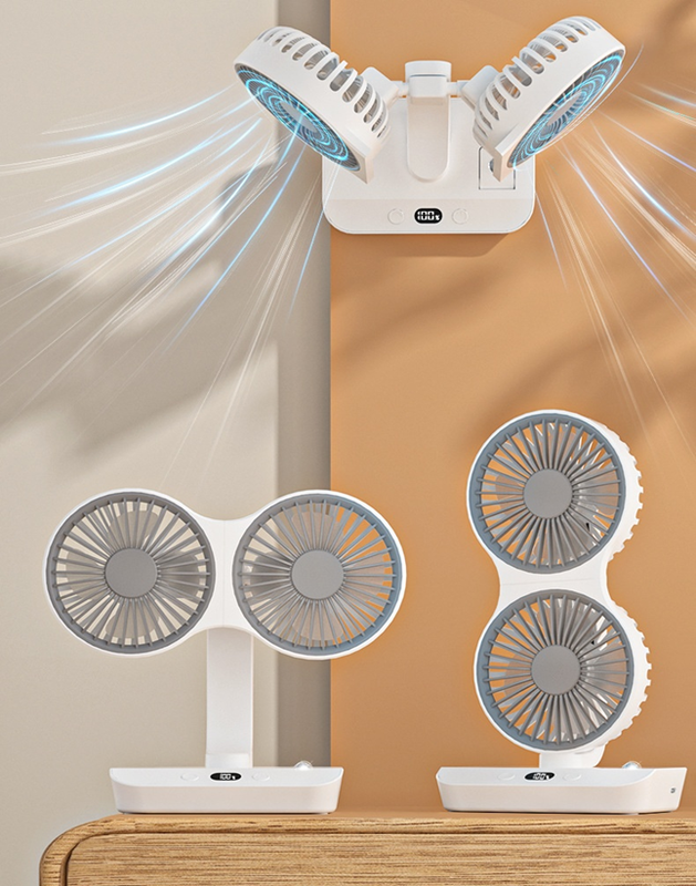 4-in-1 wiederaufladbarer Ventilator mit Lampe, Tisch-/Wand-/Hängegerät, 360-Grad-Drehung & 2400mAh Akku